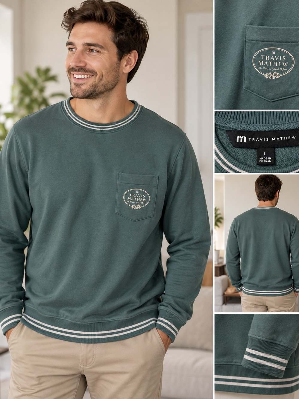 Travis Mathew Men's Green Chest-Pocket Sweater